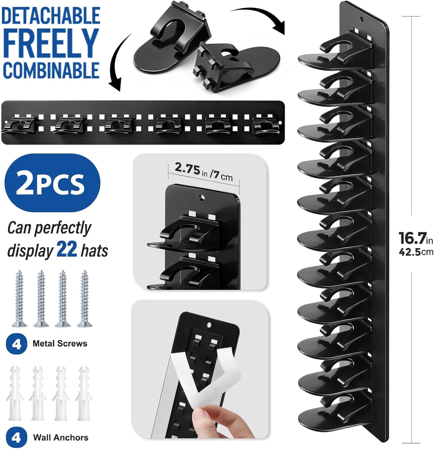 Skiennix Hat Hook Organizer - 2 Pack Baseball Cap Hanger with Strong Adhesive | Multi-Layer Storage for 20 Caps - Black