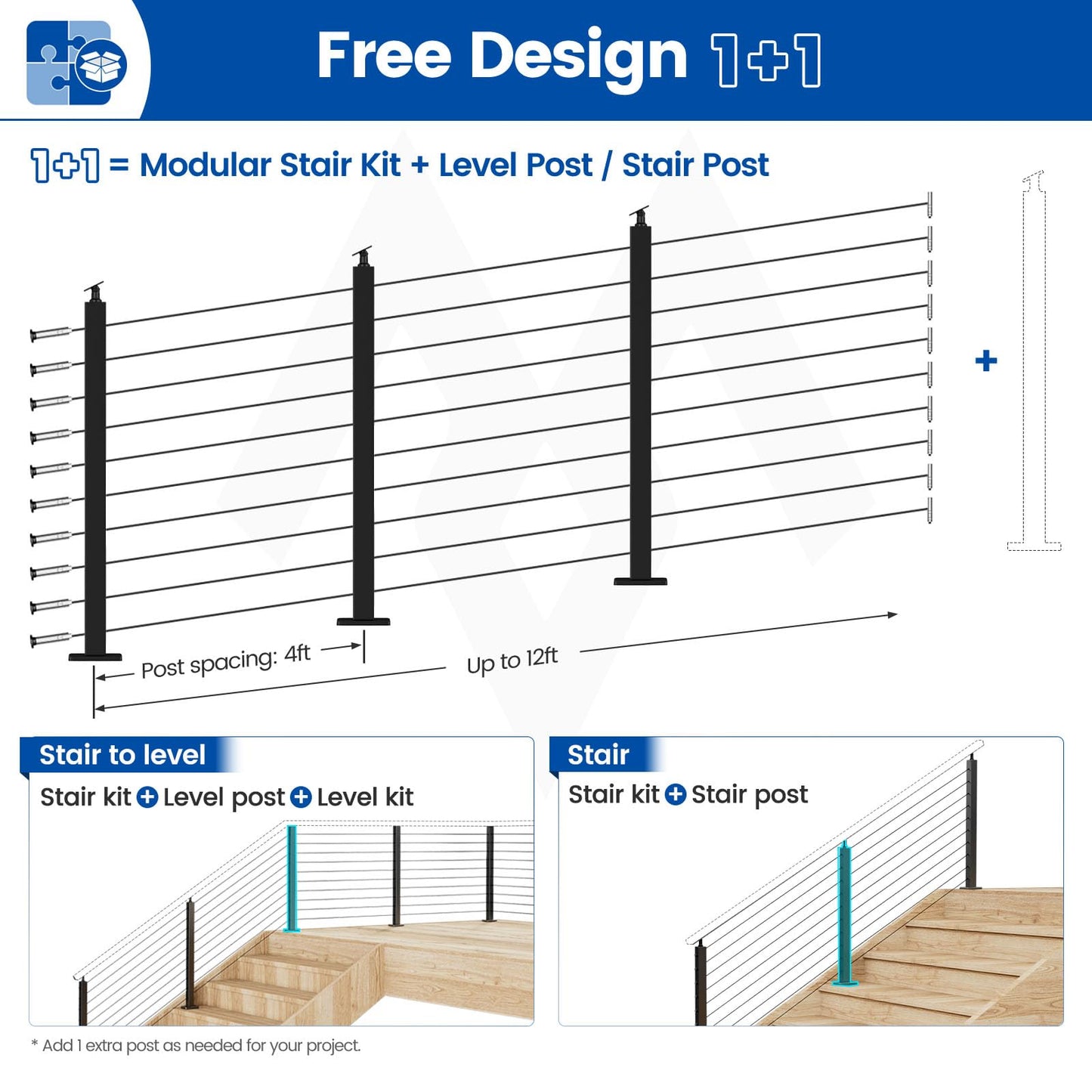 Muzata 8-12FT Modular Black Cable Railing Kit 36 Inch 3 Stair Post Kit Complete Set Cable Railing System for Stairs Length Adjustable Easy DIY with Paper User Guide (No Handrail) RW25