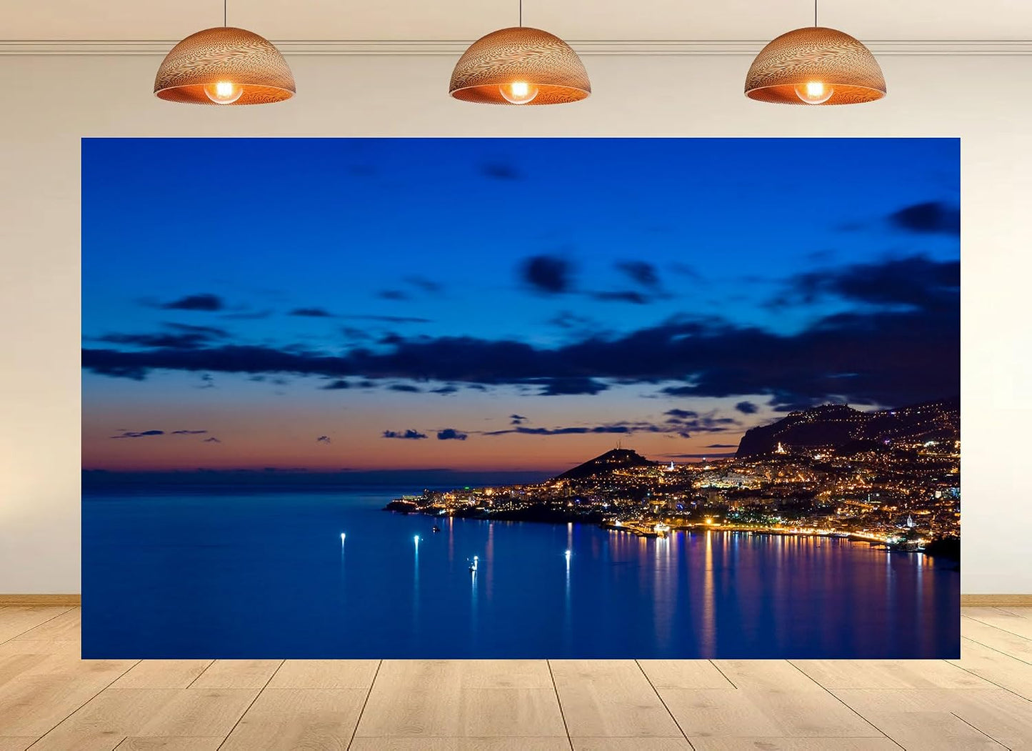 UPXIO 10x7ft Coastal City Night Lights Backdrop Funchal Harbor Reflection Scenery Photo Background Tapestry