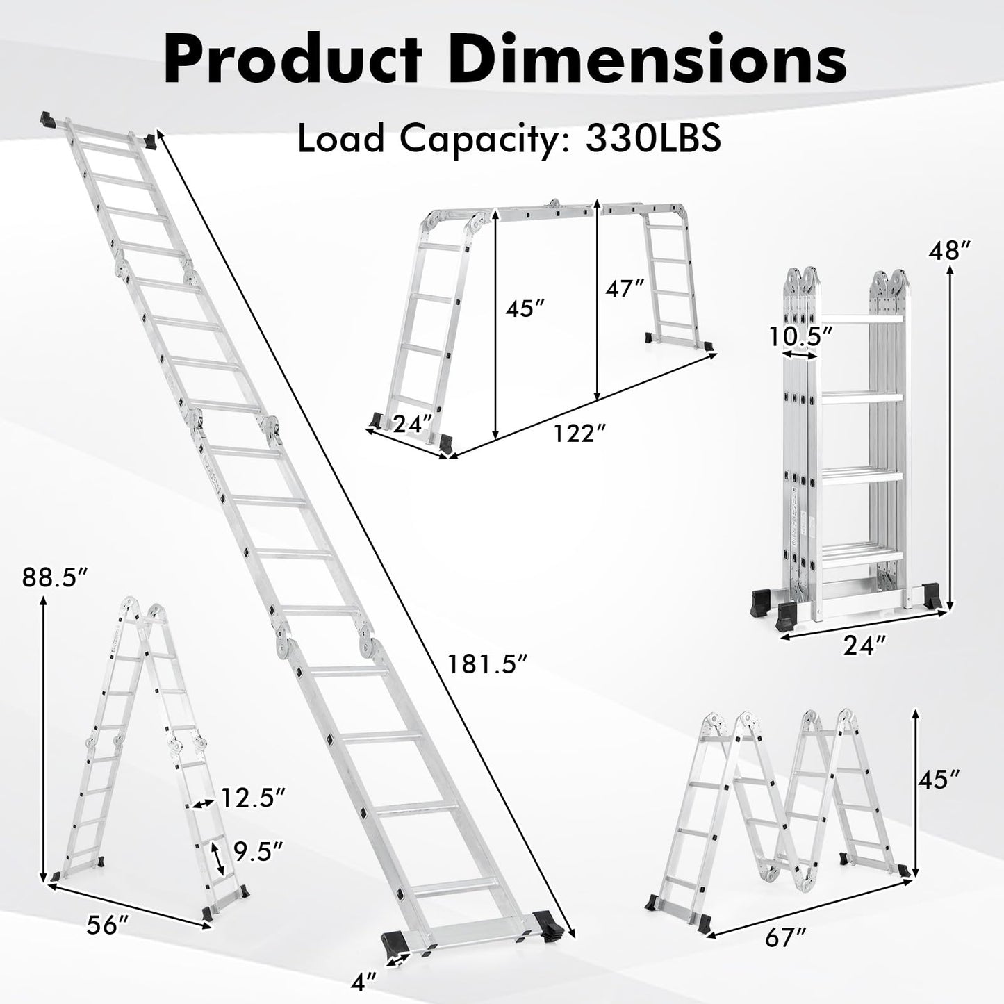Goplus 7-in-1 Multifunctional Ladder, 4,6 M/15 FT Folding Aluminum Ladder with Safe Locking Hinge & Anti-Skid Footpads, Lightweight Tall Ladder for Home & Outdoor, 150 kg/330 lbs Max Load