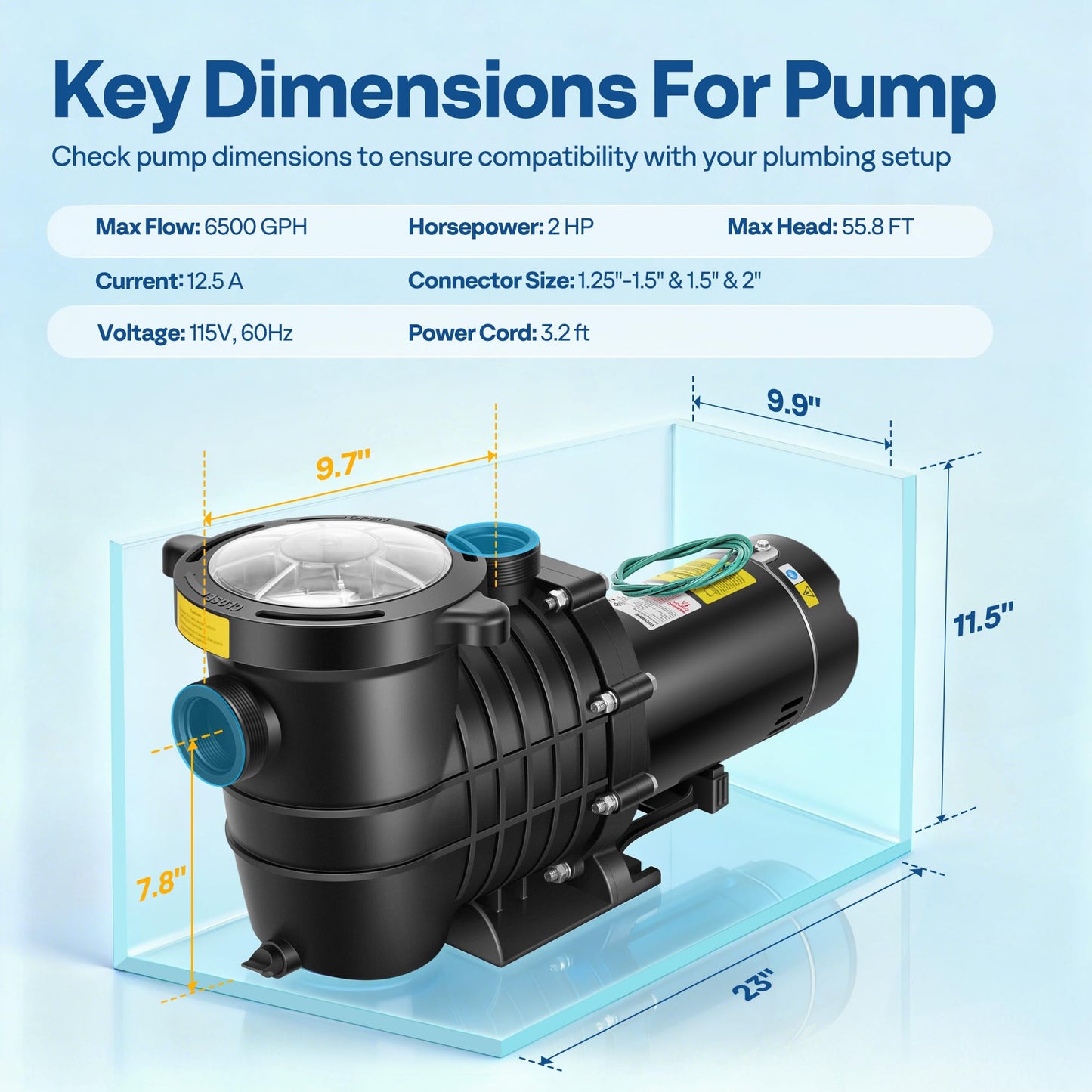 VIVOHOME 2.0HP 6500 GPH 115V Pool Pump, Self-Priming Energy Saving, 1.25" & 1.5" & 2" Inlet w/Strainer Basket for In/Above Ground Pools