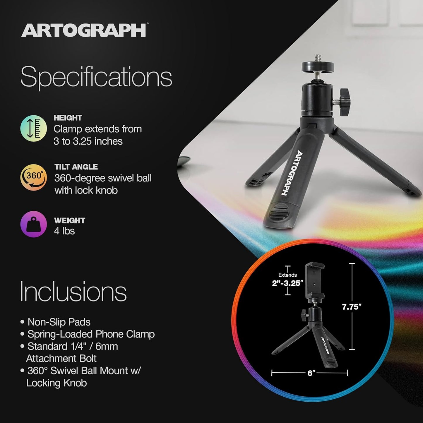 Artograph Mini Tripod Tabletop & Handheld Stand for Digital Projectors & Phones, Lightweight, Portable and Convenient