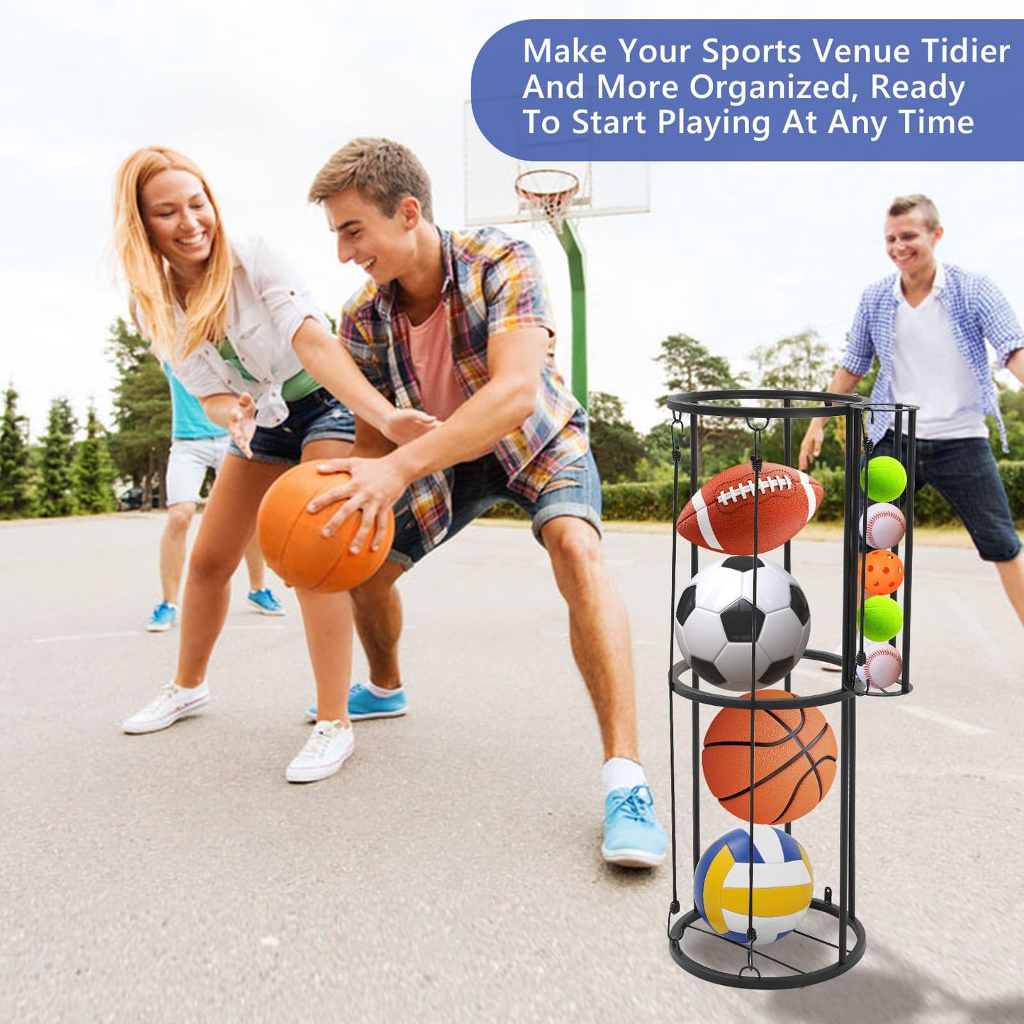 AWZITUO Garage Ball Storage Rack - Wall Mount Vertical Basketball Rack with Small Ball Holder for Soccer, Volleyball, Football - Space Saving Sports Organizer for Storage, Home, Basement, Outdoor