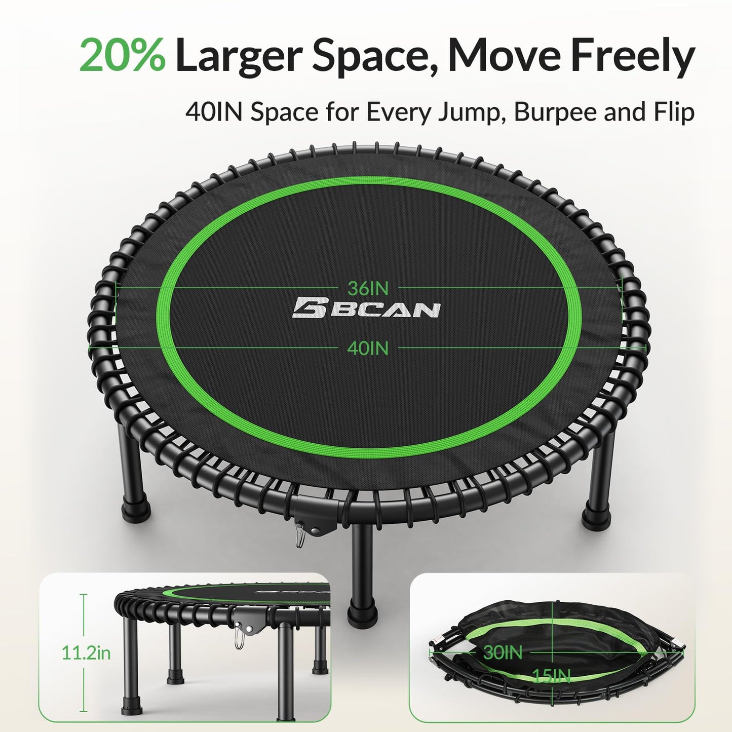 BCAN 40" Adult Fitness Trampoline with Durable Bungees, Stable & Quiet Exercise Rebounder,Great Mini Trampoline for Indoor/Garden Workout - Green