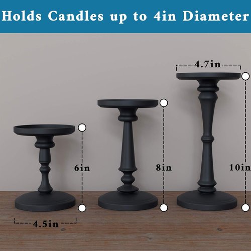 Matte Black Candle Holders Set of 3 - Stylish Metal Holders for Pillar & LED Candles - 6, 8 & 10 Inch Tall