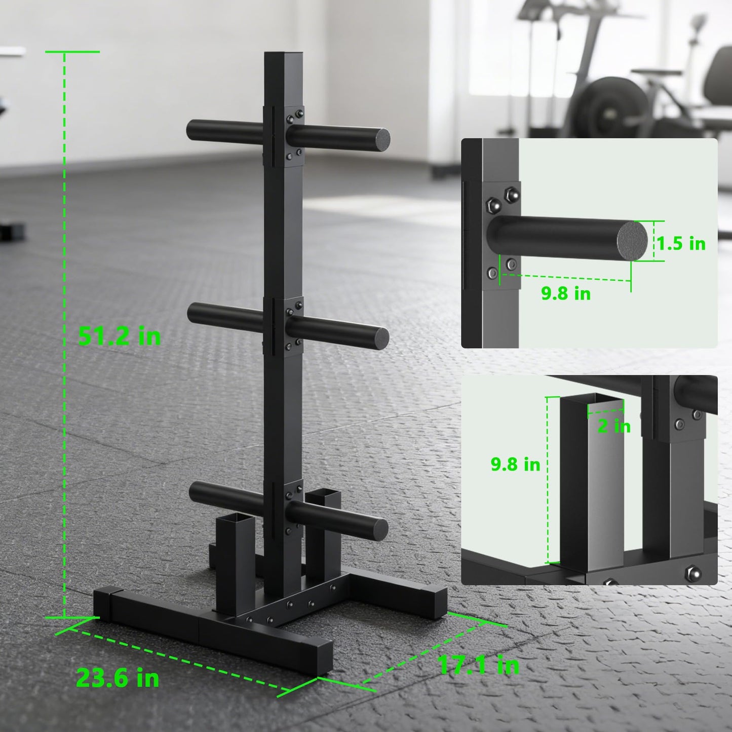 Olympic Weight Plate Rack, 6 Pegs & 2 Barbells for Bumper Plate Storage, Olympic Weight Plate Tree - Heavy Duty Bumper Plate Rack Holds 300 lbs