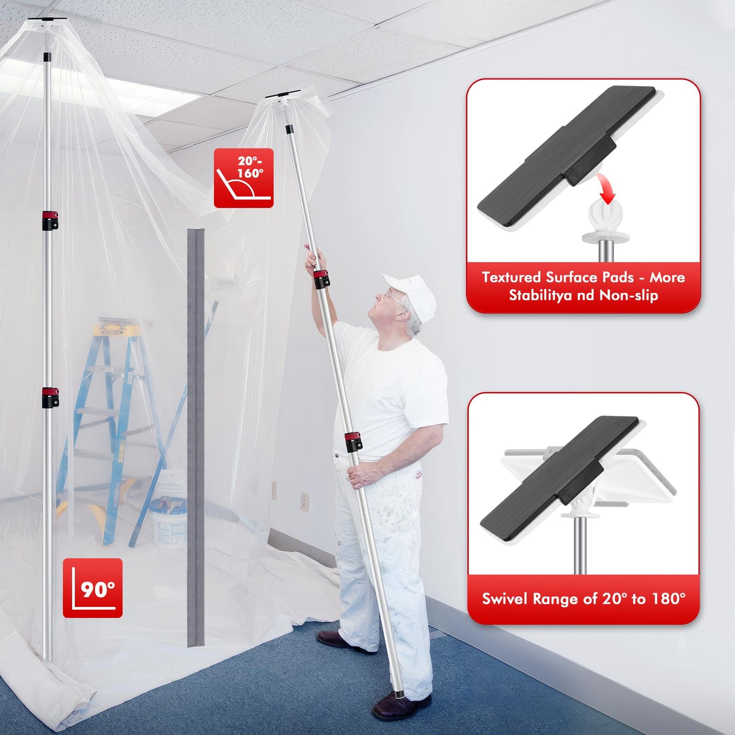 12FT Dust Barrier Poles 4 Pack withCarry Bag, Stainless Steel Retractable Zipper Wall Poles Kit for Renovation, Remodeling and Isolation Work
