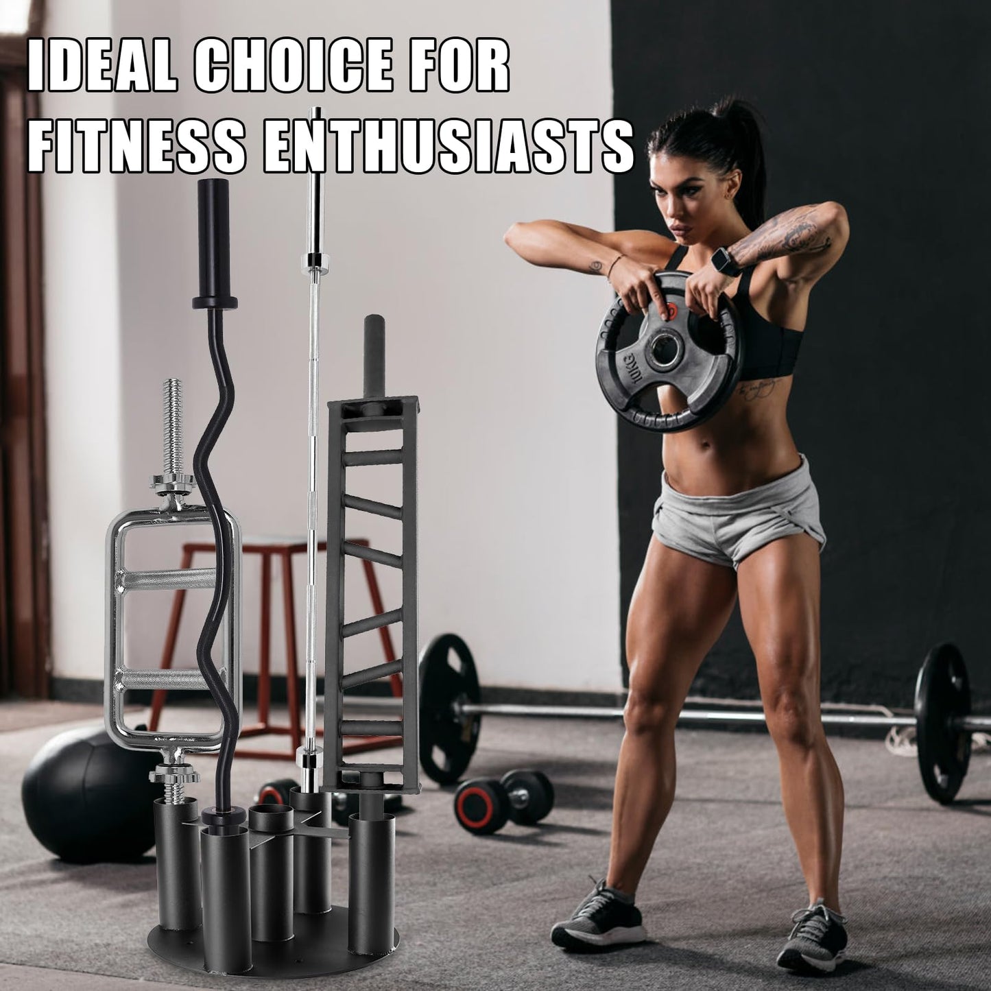Wishtofly Barbell Holder Storage Rack, Heavy Duty Vertical Stand for Home & Commercial Gym, Fits 2-inch Olympic, Curl, Hex Bars, Corner Floor Stand, Holds 5 Bars