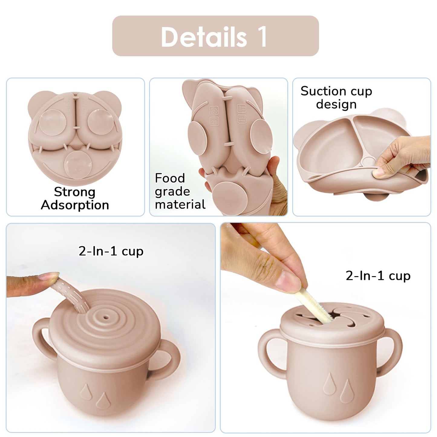 Silicone Baby Feeding Set, 14 Pcs Baby Led Weaning Supplies, Baby Spoons & Forks Suction Bowl Divided Plate Bib Cup, First Stage Solid Food Eating Utensils - 6+ Months (Beige)