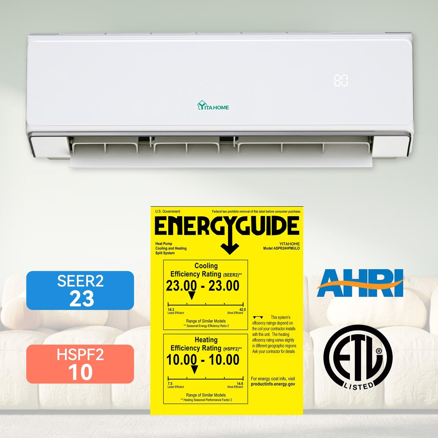 YITAHOME 23 SEER2 24K BTU 2 Zone Mini Split AC/Heating System, 12000 12000 BTU Dual Zone Mini Split Air Conditioner, 208-230V Pre-charged Inverter AC, Compatible with Wi-Fi&Alexa