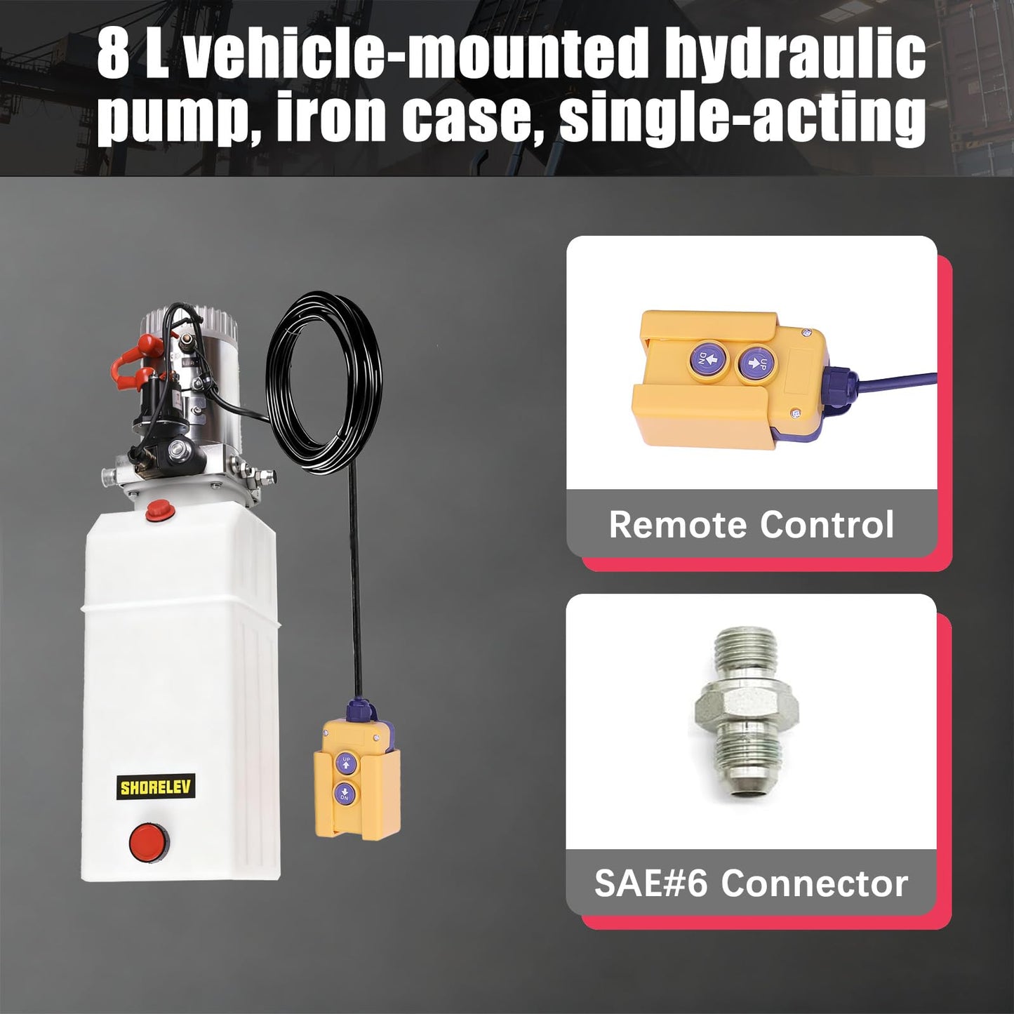 SHORELEV 12V DC Single Acting Hydraulic Power Unit, 8L Hydraulic Pump Plastic Reservoir, 3000 PSI for Dump Trailers, Snow Plows, Log Splitters, Lift Gates