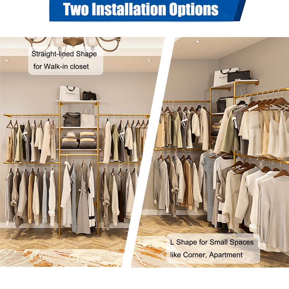KaKaBB Heavy Duty Gold Pipe Clothing Rack - Wall Mounted Industrial Clothes Rack, DIY Corner Closet System with Shelves, Adjustable Walk-in Closet Organizer (GOLD, 94.5")
