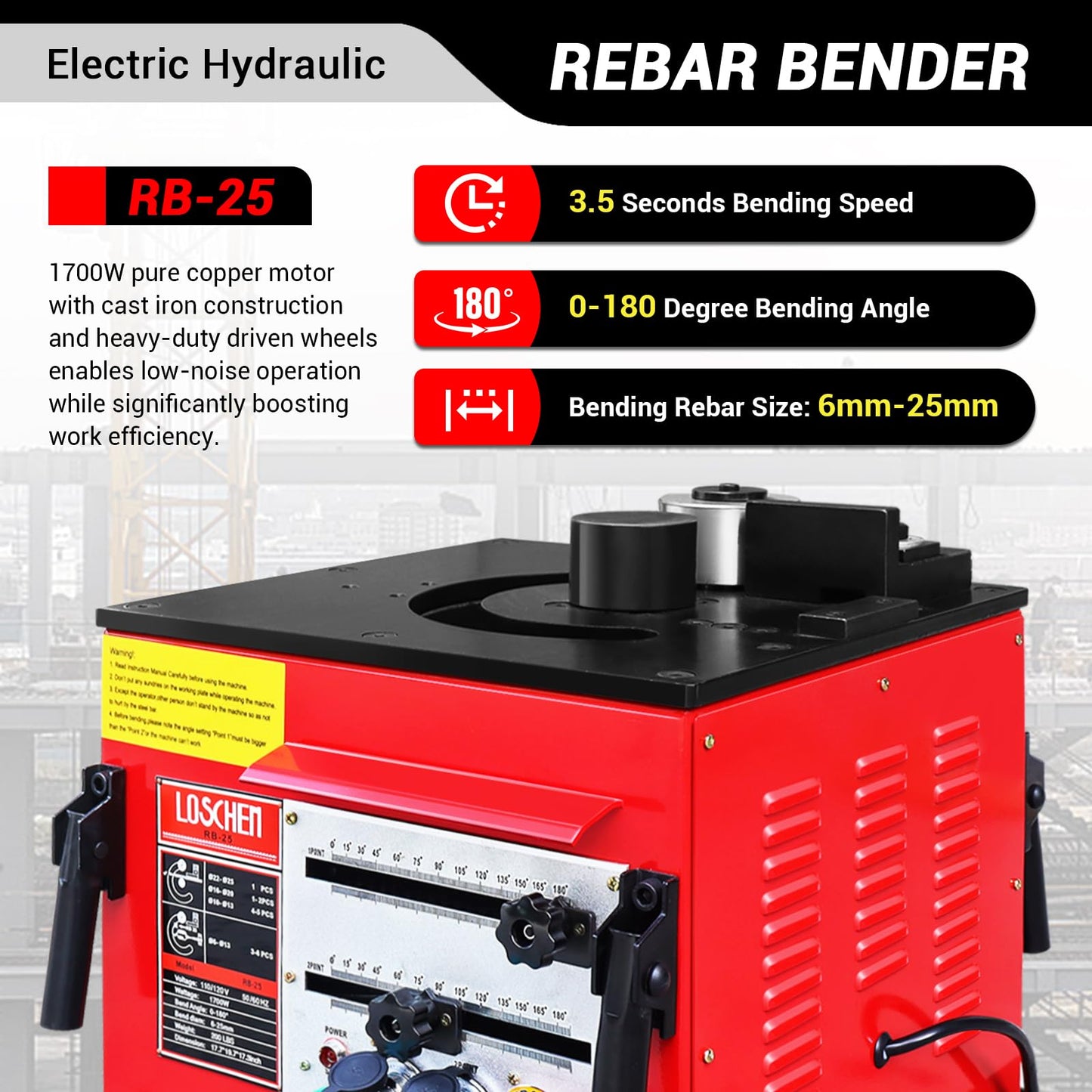 LOSCHEN Electric Hydraulic Rebar Bender,Bending Angle 0-180 Degrees,Bending up to 1 Inch #8 6-25mm Rebar,with Foot Pedal and Height Enhancement Bracket,1700W Desktop Electric Rebar Bender