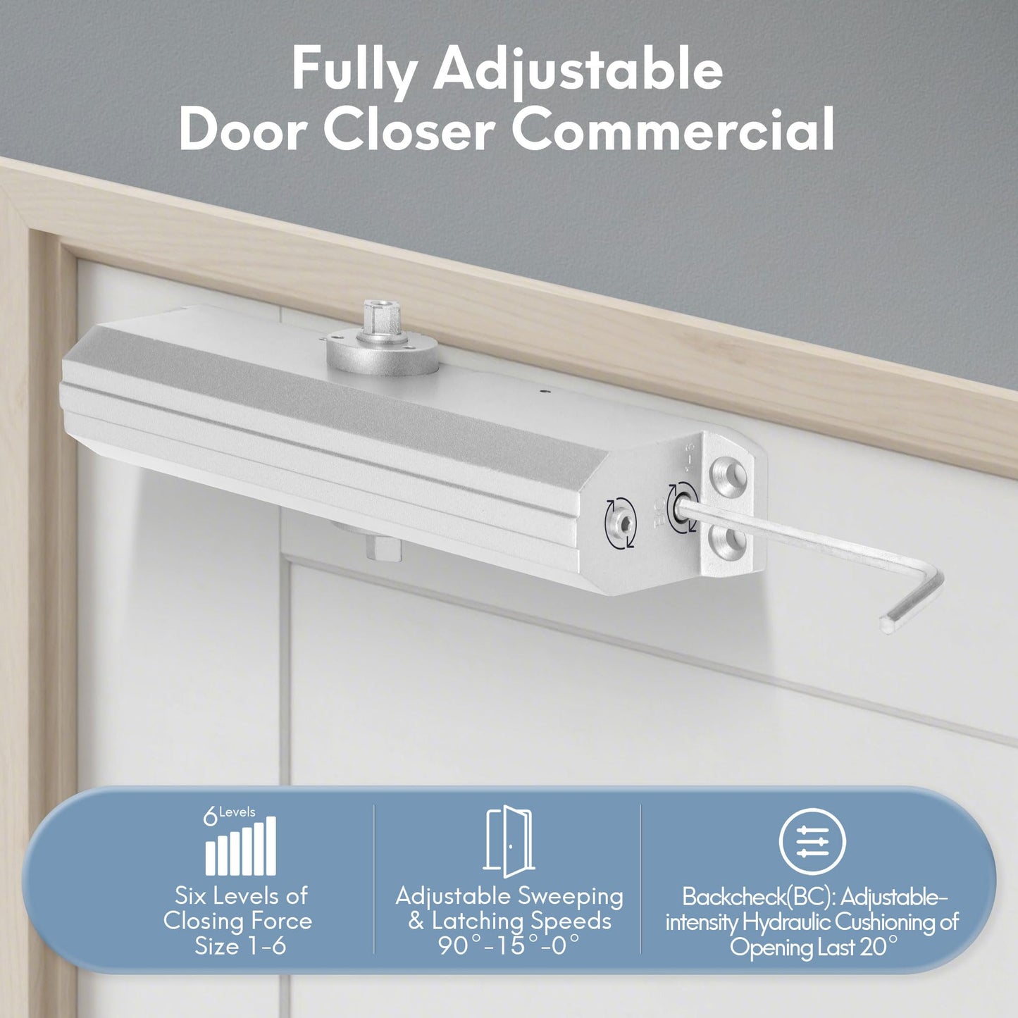 SOPHIA Door Closer Hold Open for Home, Door Closers Commercial Heavy Duty, Adjustable Speed & Spring Power 1-6, Hydraulic Door Closer Hinge Self Closing, No Slam, ADA & UL, DK4000