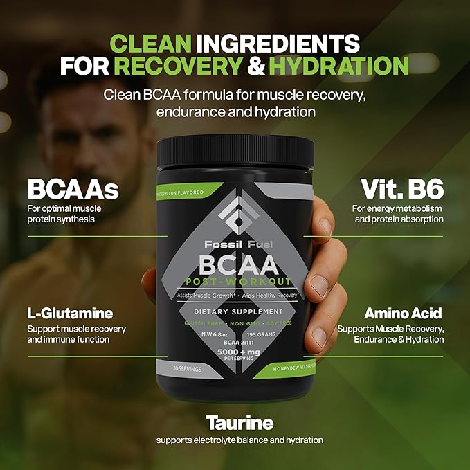 Fossil Fuel BCAA Sugar-Free Post-Workout Powder with BCAA?™s, Glutamine, Vitamin B6 After Workout, Amino Acids for Muscle Recovery, Endurance and Hydration, Honeydew Watermelon (30 Servings)
