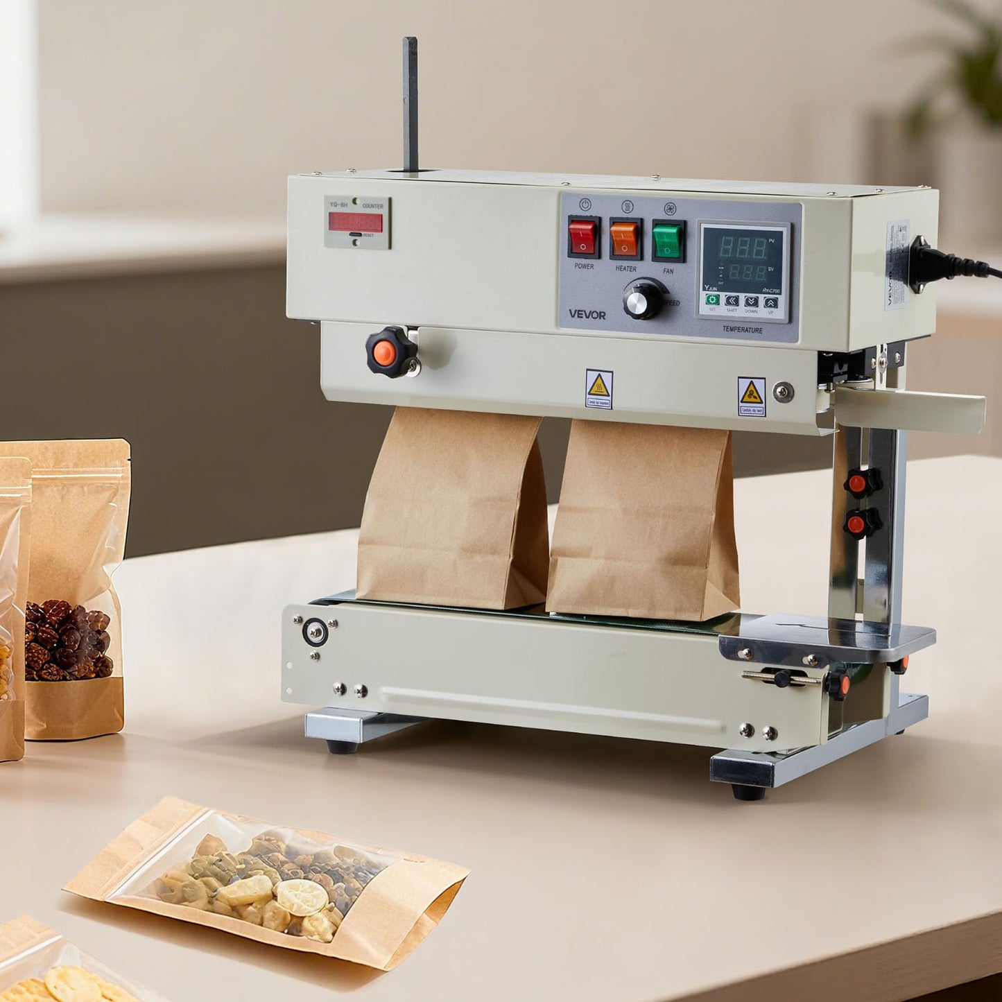 VEVOR Continuous Bag Band Sealing Machine, 0.24-0.47 in Seal Width, Vertical Band Sealer Machine with Roller Printing, Temp & Speed Adjustable, Heat Sealing Machine for 0.001-0.03 in Plastic Bags