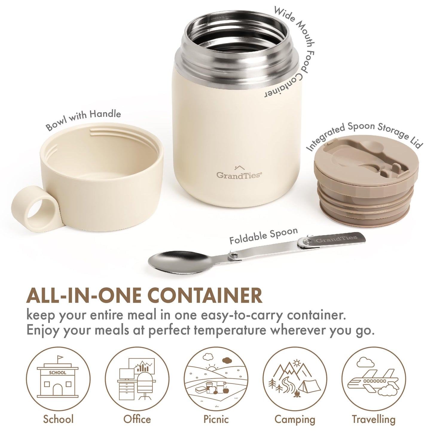 GRANDTIES Insulated Food Jar, 20 oz Wide Mouth Thermo BPA Free Stainless Steel Container for Hot Food with Carry Handle Bowl Cap & Foldable Spoon, Leakproof for Lunch To Go Meals (Ivory White)