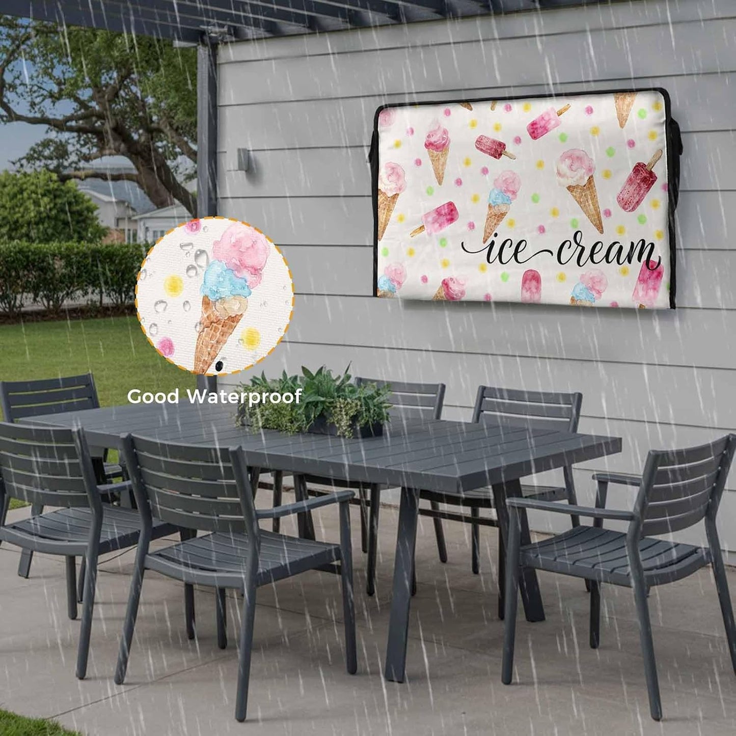 LBCASA 30 32 Inch Summer 600D 30"W 19"H 4.5"D Ice Cream Outdoor TV Cover to Weatherproof, Pink Popsicle Colorful Polka