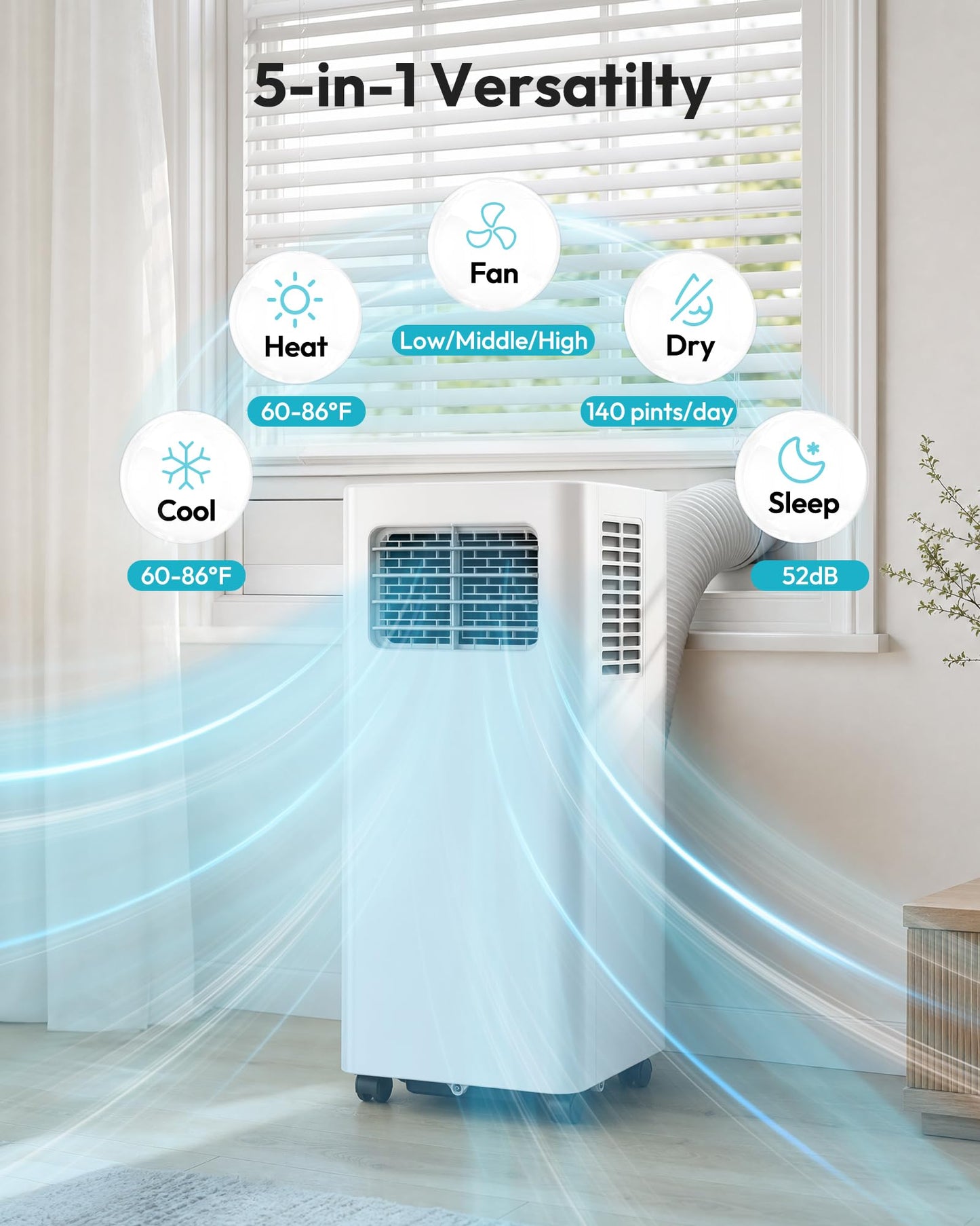 EUHOMY 14,000 BTU Portable Air Conditioners, 5-in-1 Portable AC Unit with Cool, Heat, Dehumidifier, Fan, Sleep Mode, 650 Sq.Ft. with 350 CFM Airflow, App/Remote Control, 24H Timer Quiet AC for Bedroom