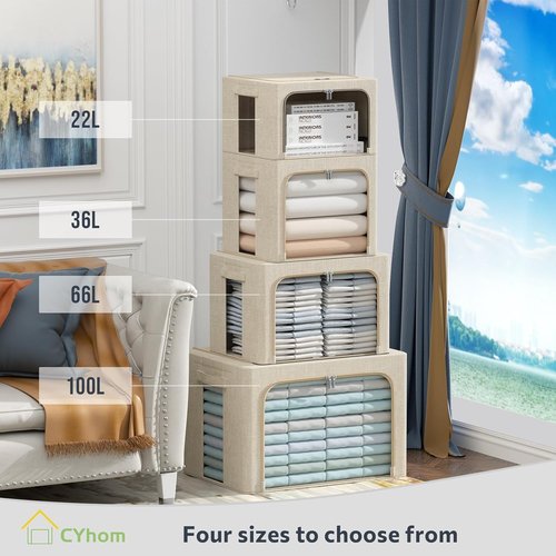 CYhom Foldable Storage Bins - Stackable Linen Fabric Organizer with Clear Window & Carry Handles | Large Capacity (Small-22L, Beige)