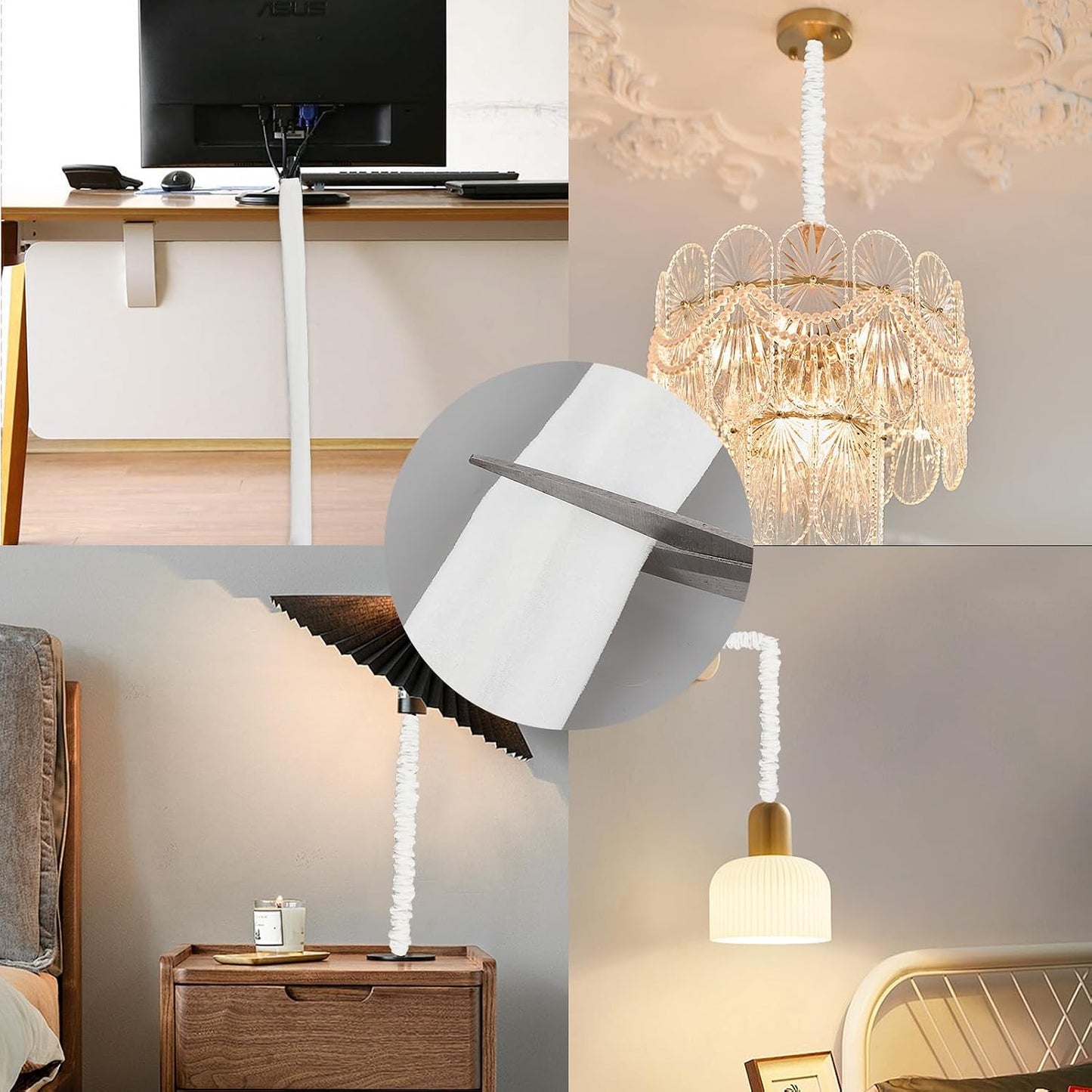 2 31.5 inches NICENEEDED PCS Chandelier Fabric Cord Cover, White Chandelier Chain CoverChain Cable Sleeve, Velvet Cloth