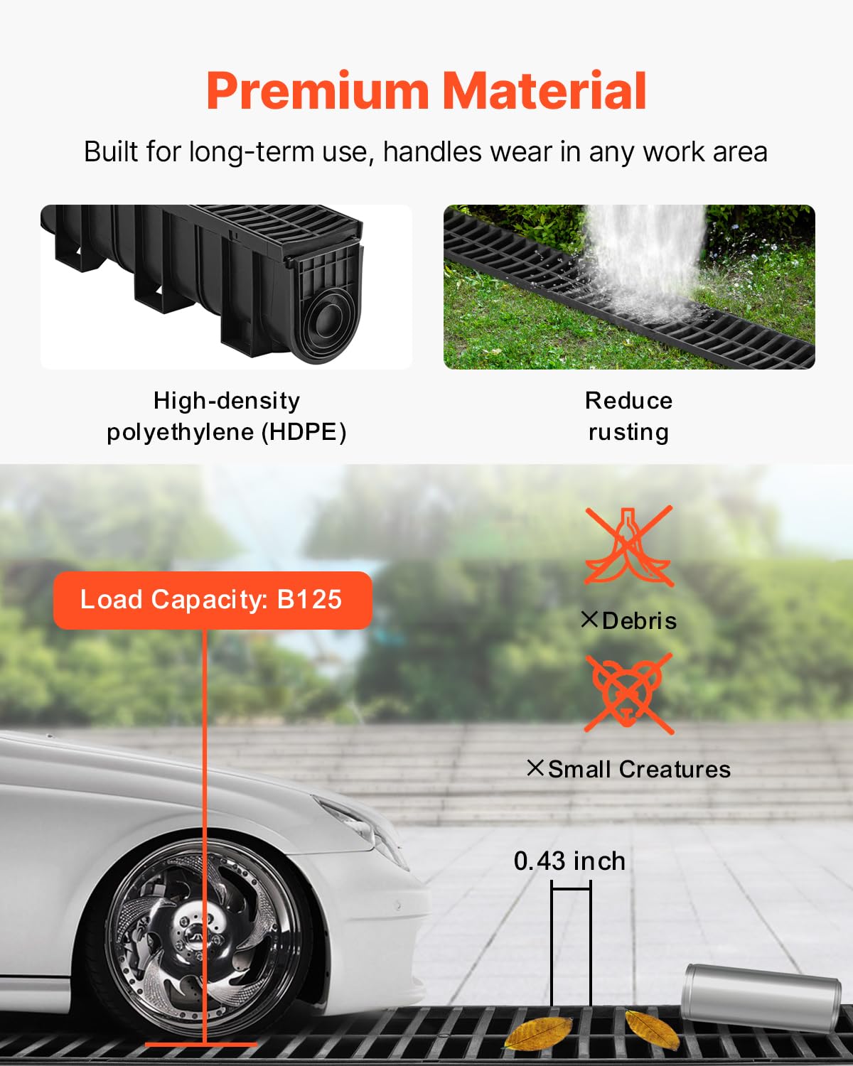 VEVOR Trench Drain System 4 Pack, Channel Drain with Plastic Grate 5.9 x 7.5 in HDPE Drainage Trench, Black Plastic Garage Floor Waterway 4 x 39 in with 4 End Caps for Garden Driveway