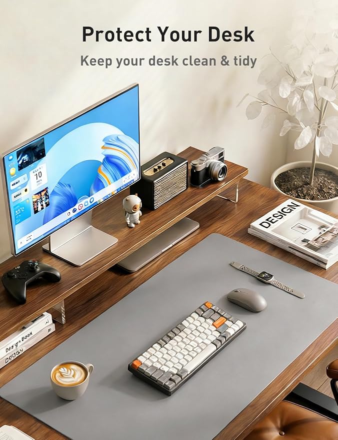 Aothia Faux Leather Desk Mat - Non-Slip PU Leather Desk Blotter, Waterproof Writing Surface, Large Desk Pad for Office & Home (Light Grey, 55" x 17")