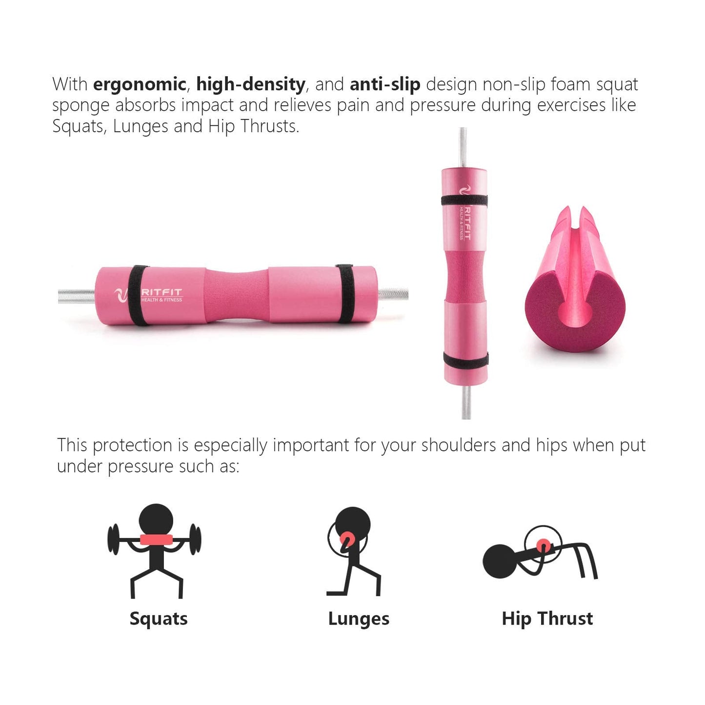 RitFit 7 Pcs Barbell Squat Pad Set, with Resistance Band, 2 Safety Straps, 2 Gym Ankle Straps & Carry Bag, Upgraded Neck & Shoulder Protective Pad Support for Squats, Lunges & Hip Thrust (Pink/Black)