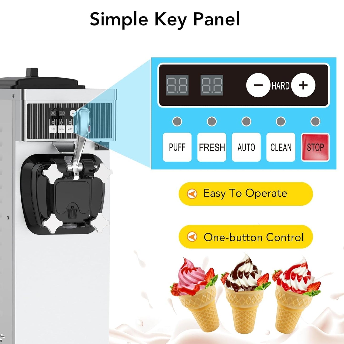 Takywep commercial Ice cream machine, 4.76 to 5.8GAL/H ice cream machine machine, with pre -cold function, 1050W single -flavored Compressor Soft Ice Cream Machine, with 1.85 gallon ingredient box