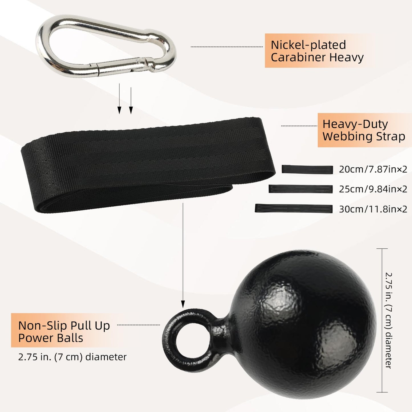 Solid Non-Slip Iron Cannonball Grips, 70 mm Pull Up Balls with 3 Length Hanging Straps and Carabiners, Grip Strength Trainer for Pull-Up Bar, Dead Hangs, Forearm and Hand Training Home & Gym Gear