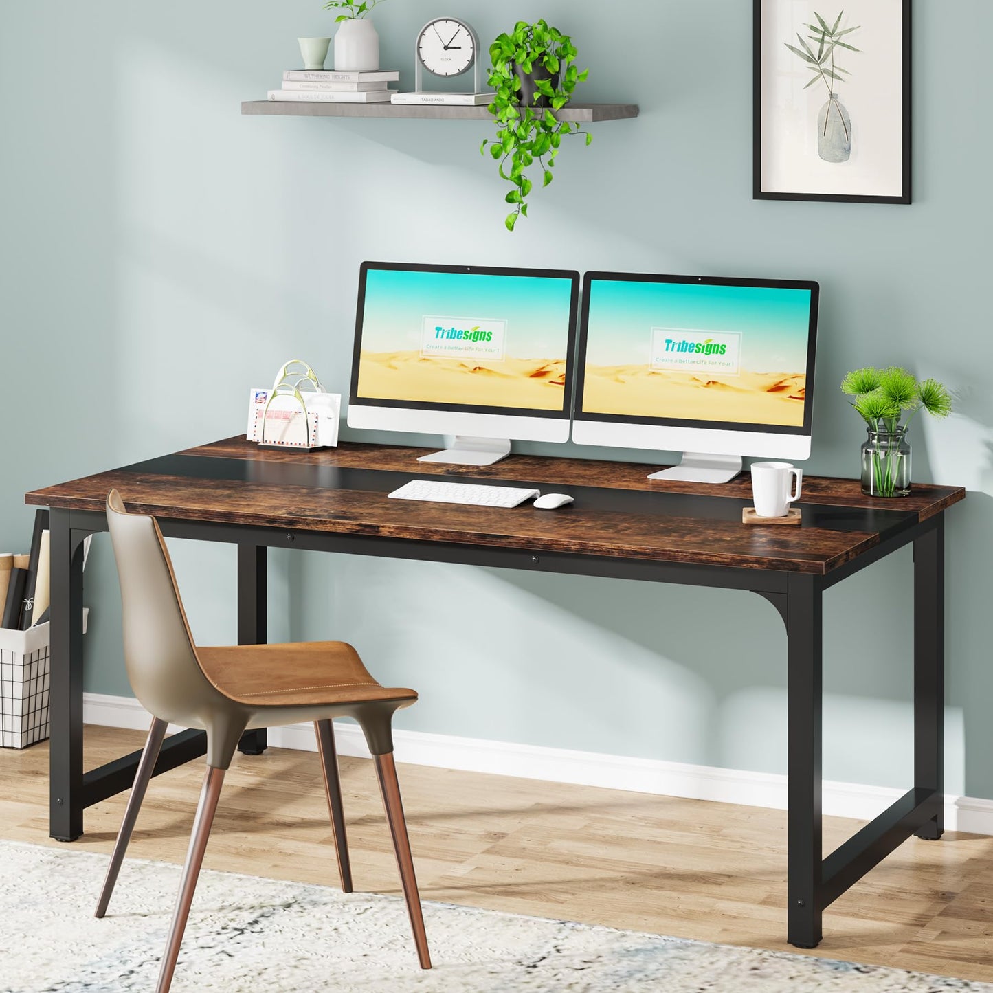 Tribesigns Modern Computer Desk, 63 x 31.5 inch Large Office Desk Computer Table Study Writing Desk Workstation for Home Office, Rustic/Black