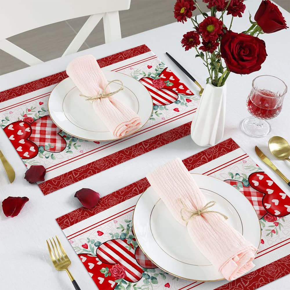 Valentines Day Placemats Set of 6 Washable Table Mats for Kitchen Dining Table, Love Rose Heart Heat-Resistant Cotton Linen Place Mats for Indoor Outdoor Parties Holiday Decoration, Red