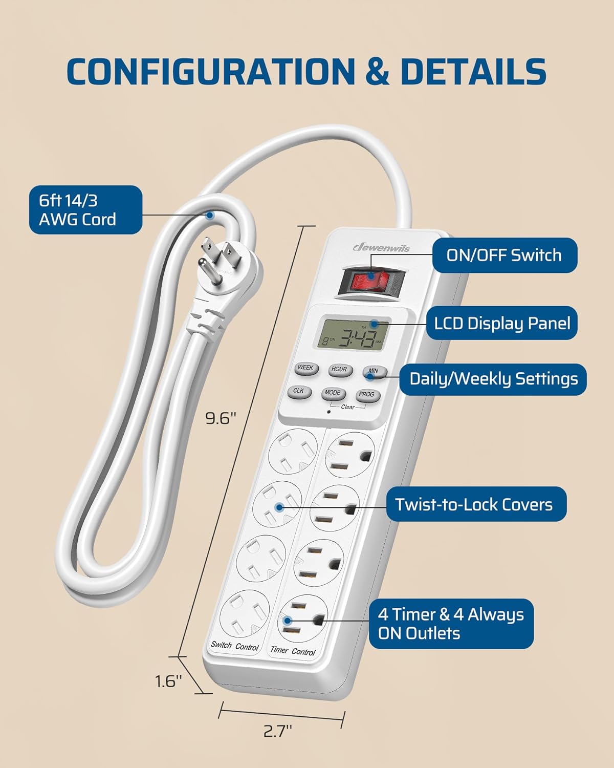 DEWENWILS 8 (4 Timed/4 6ft 15A, Outlet Power Strip with Timer Always On), Indoor Digital Outlet for Reptile Light