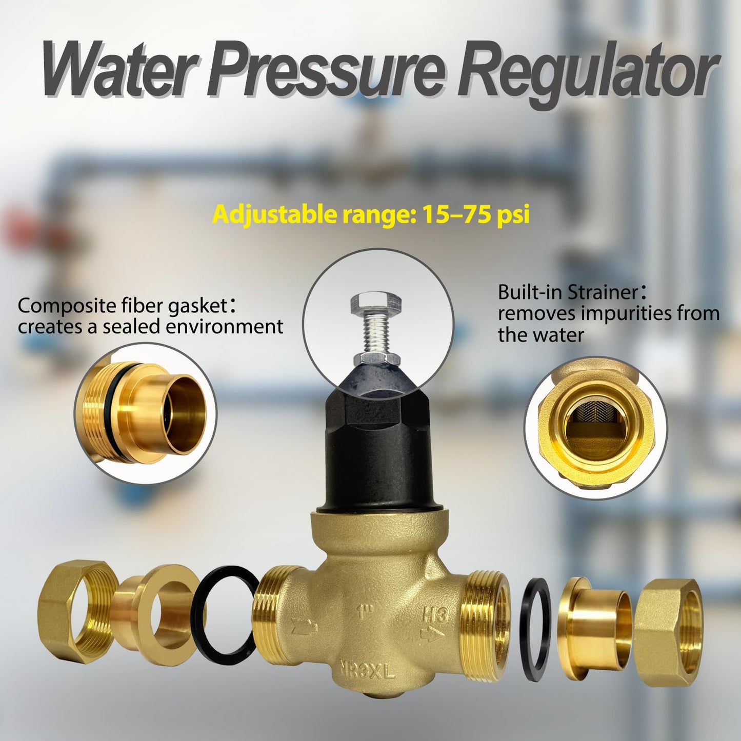 1-NR3XLDU 1" NR3XL Pressure Reducing Valve, Adjustable Water Pressure Regulator for Home with Stainless Steel Strainer Screen for Commercial (1 Inch)