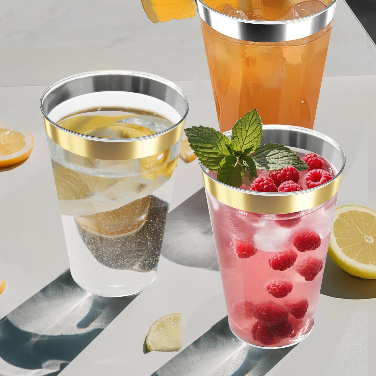 Byvivace 50counts 9 OZ. Disposable Cups Old fashioned Party Tumblers, 9 Ounce Squat Cups Gold Wine Glasses Hard Plastic Cups with Gold Rim