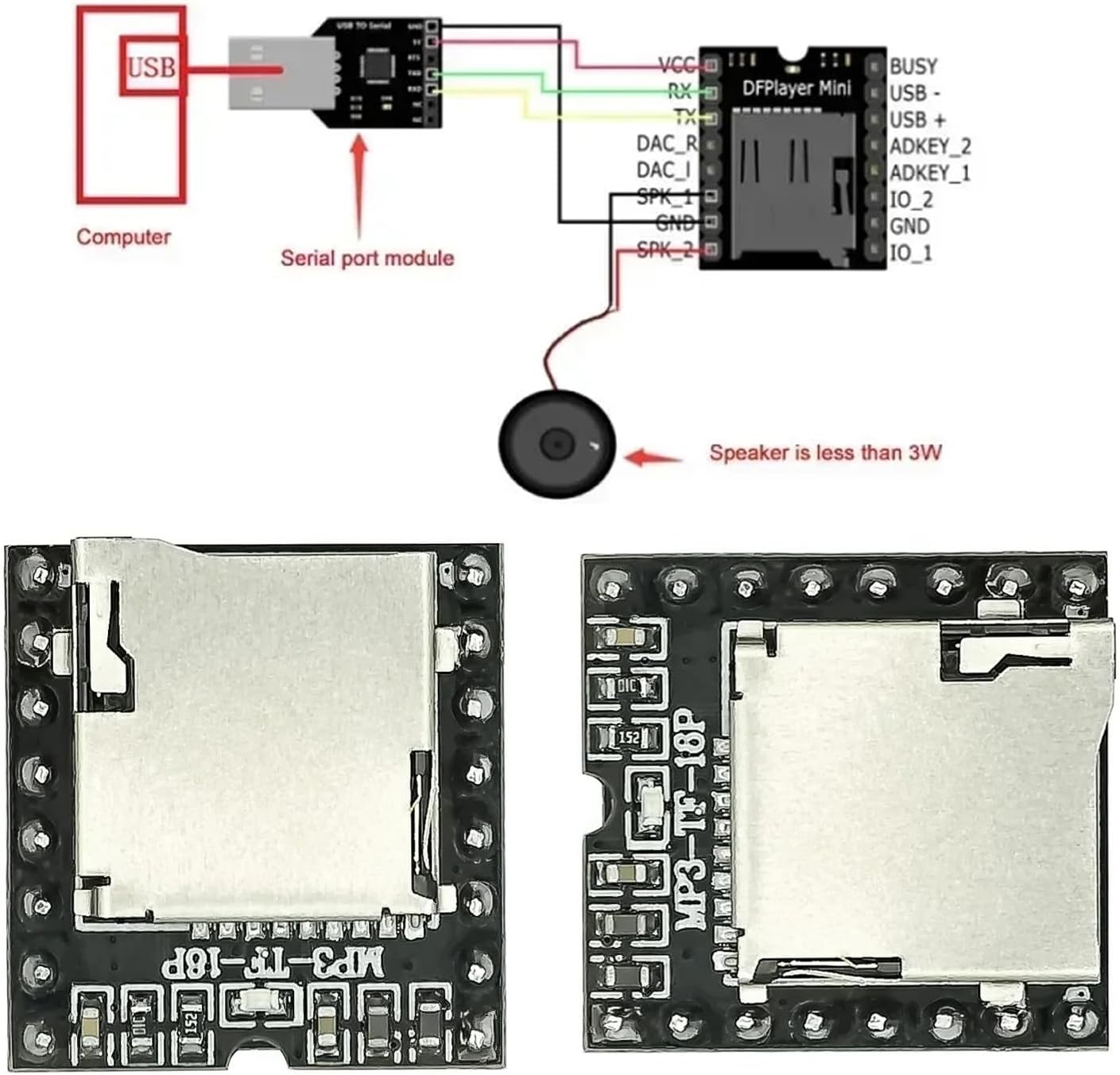 FBHDZVV 4Pcs MP3 16P MP3 Mini Player Module TF Card U Disk Mini DF Player Audio Voice Module IO/Serial Port/AD Board