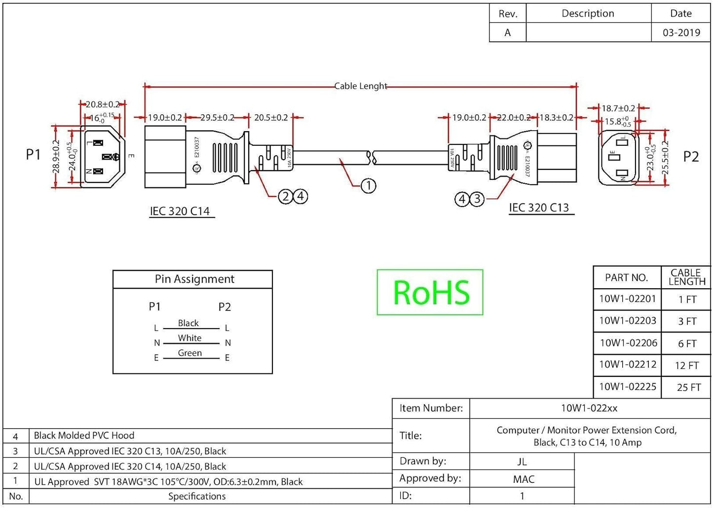 CableWholesale 3 C13 C14 3 18 10 C13 C14 feet Computer/Monitor Power Extension Cord, Female to Male Plug, Pin, AWG