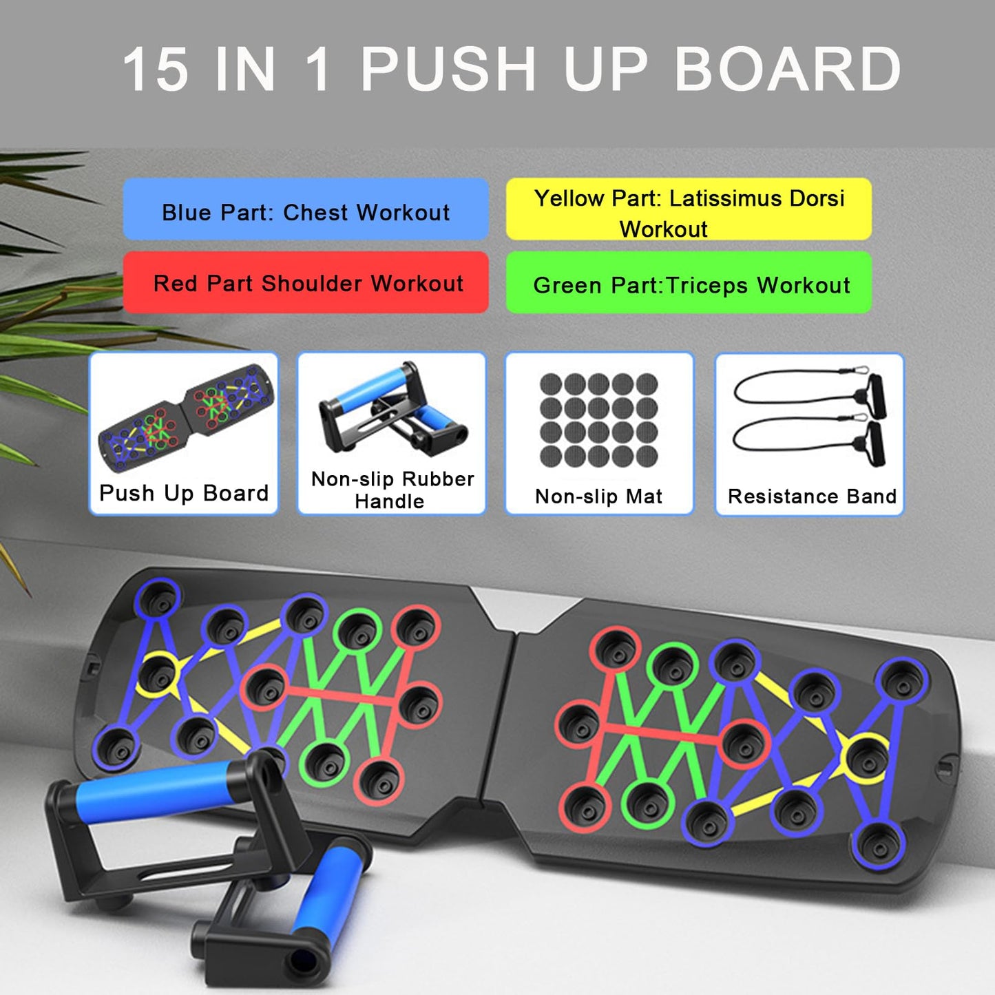 Push Up Board for Men - 15-in-1 Foldable Pushup Board with Push Up Bar, Handles & Bands, Portable Home Gym & Workout Equipment for Chest Exercise, for Teen Boys 16-18 & Gym Lovers