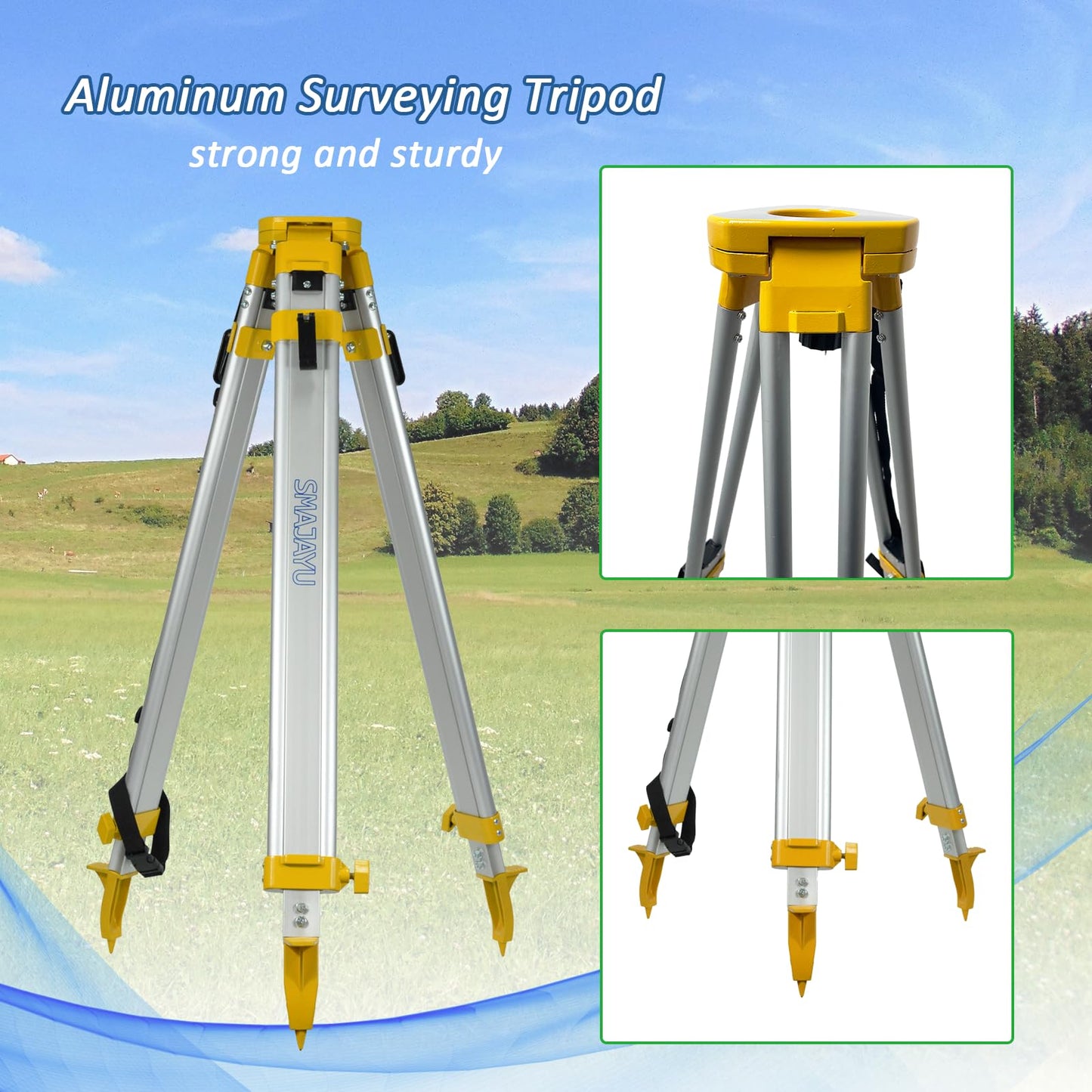 SMAJAYU Aluminum Universal Surveying Tripod, Heavy Duty Construction Tripod Stand, Built-in Strap for Easy Transport, Transit Level Tripod for Laser Level, Total Station & RTK GNSS Base Station
