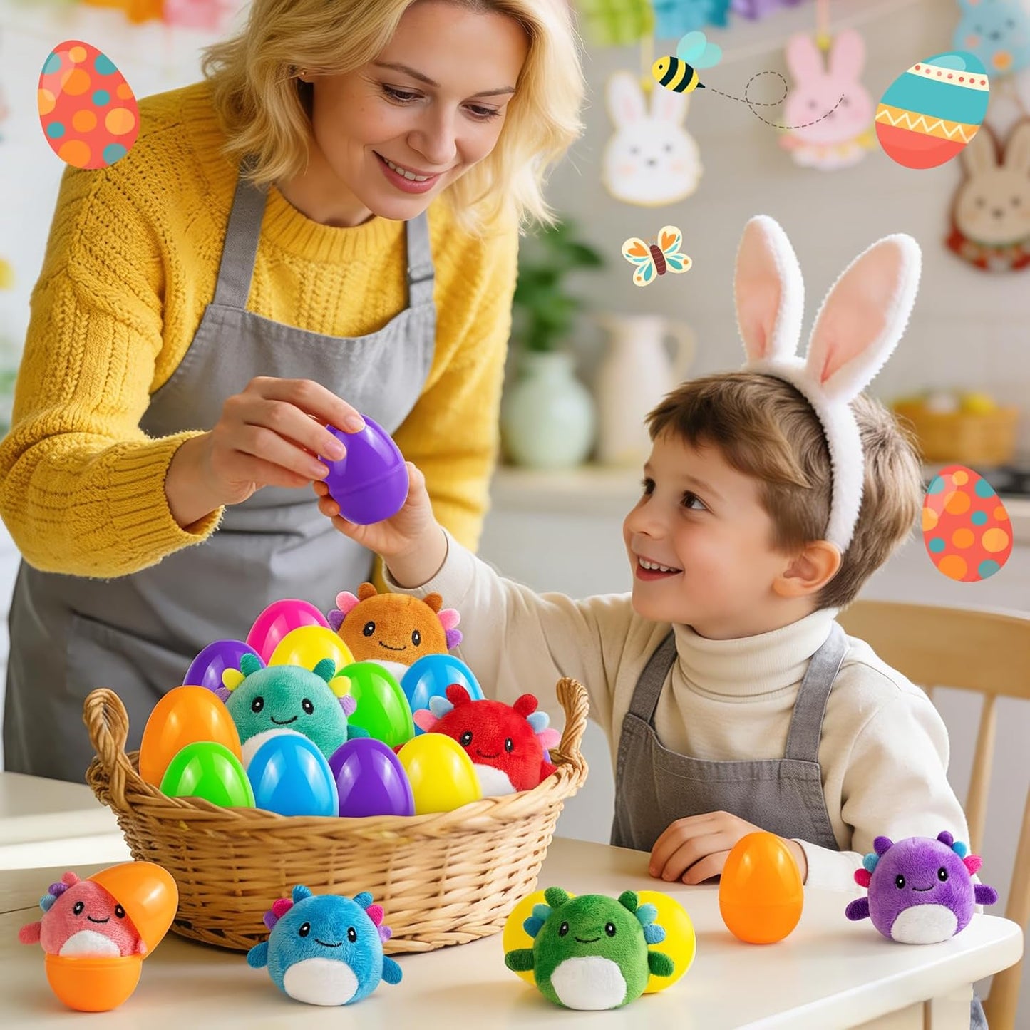 Skiennix Easter Basket Stuffers - 12 Pack Prefilled Plastic Eggs with Axolotl Plush Toys for Kids