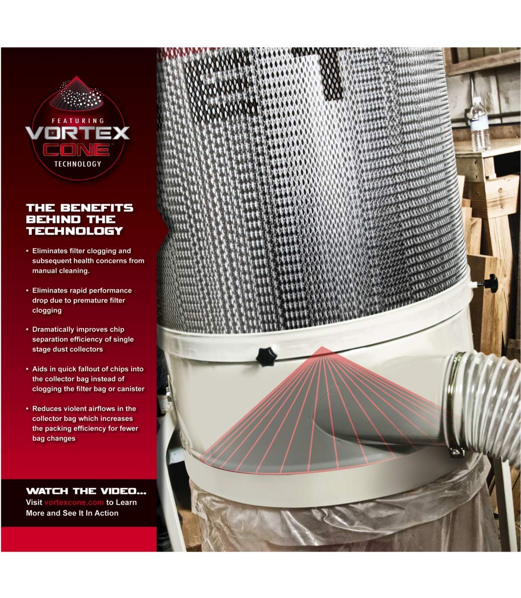 JET Vortex Cone Dust Collector, 30-Micron Bag Filter, 2 HP, 230V 1Ph (Model DC-1200VX-BK1)