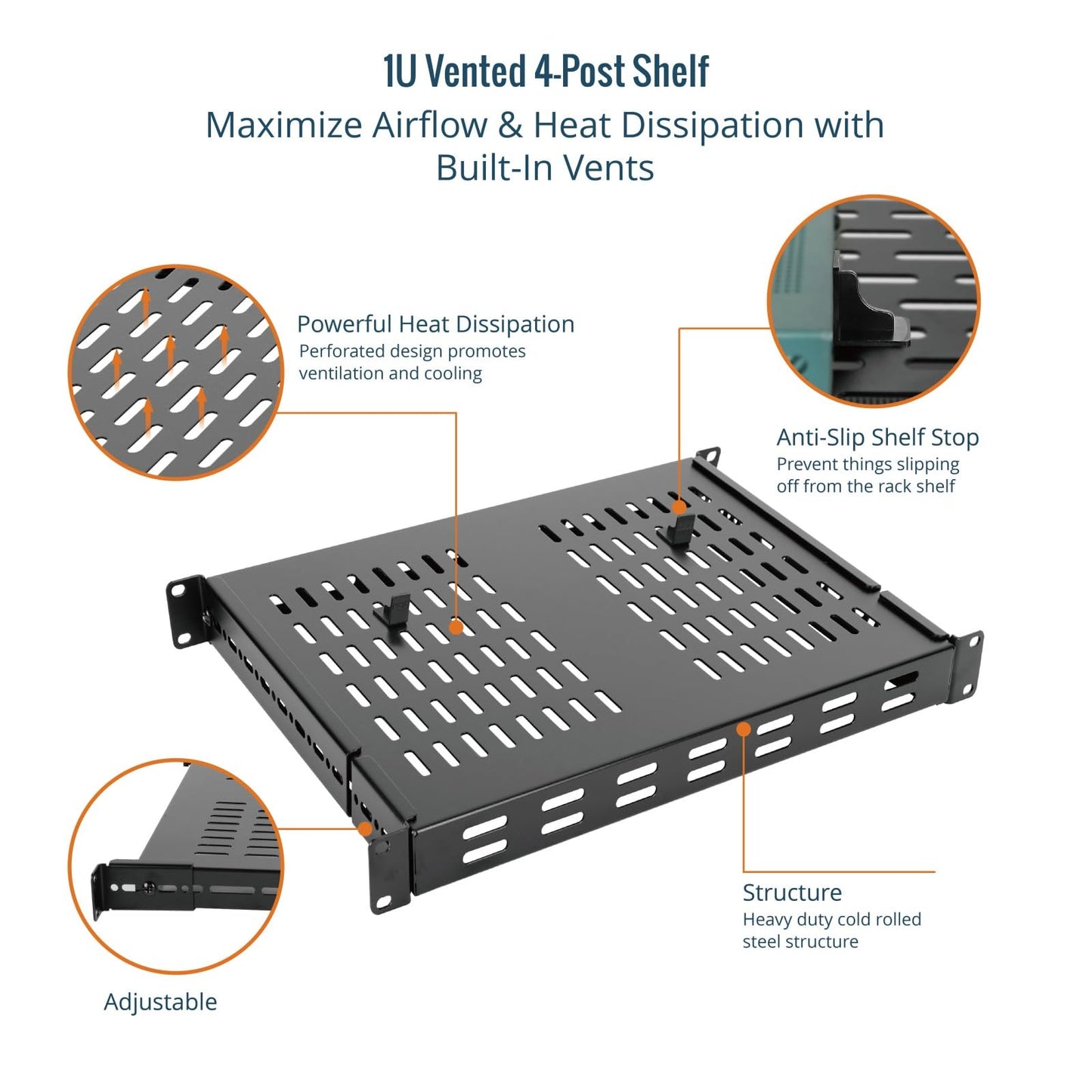 Tecmojo 1U 4-Post Vented Server Rack Mount Shelf,13.8in Deep with Adjustable Depth 13.8-23.6inch,Supports to 242 lbs,Universal Tray for 19 Inch AV/Network Equipment Rack,Black