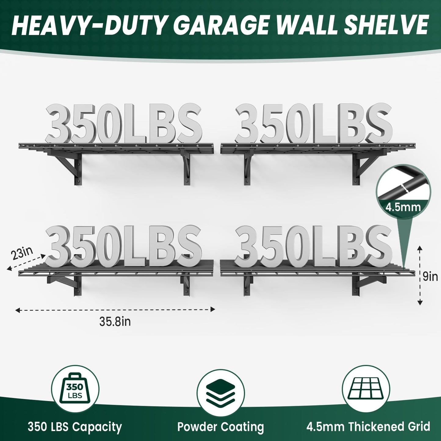 TOPIRON 4 Pack 2x3ft Garage Wall Shelves, 24x72 inch Heavy Duty Garage Shelving Wall Mounted Garage Storage Rack, 1400lbs Load Capacity Floating Metal Shelf, Black