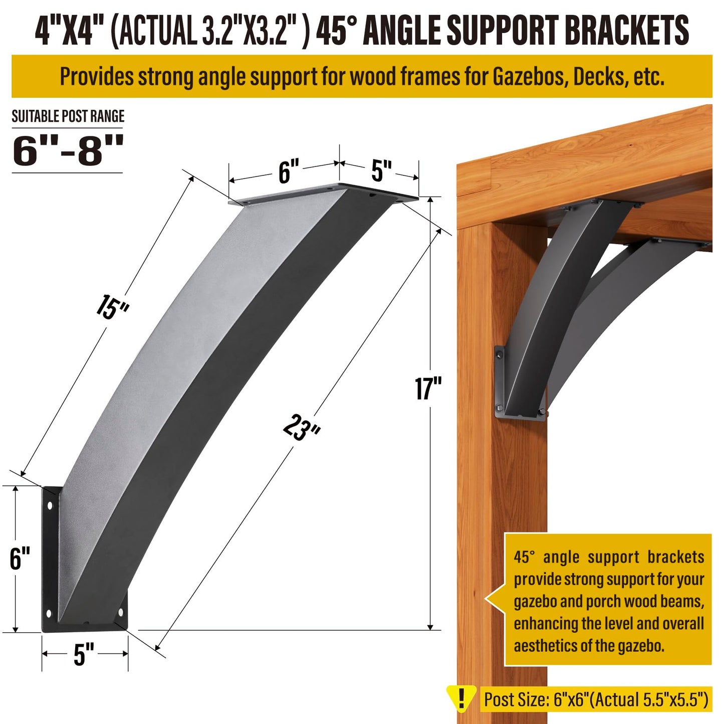 Epcee Heavy Duty 45 Degree Angle Support Bracket 4"×4" (Actual: 3.2"×3.2") Wood Beam Support Hardware Degree Post Bracket for Gazebos Pagola Porches 2Pcs