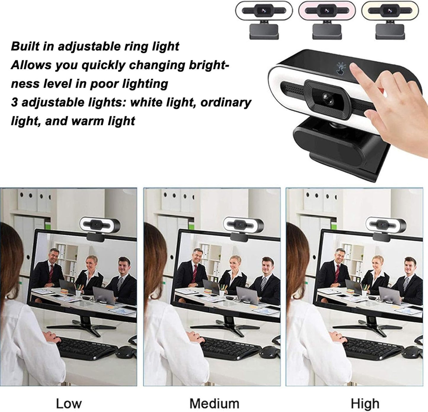 Yoidesu 1080P Webcam for PC, HD Webcam with Adjustable Ring Light and Microphone, Rotatable Wide Angle Camera, Plug
