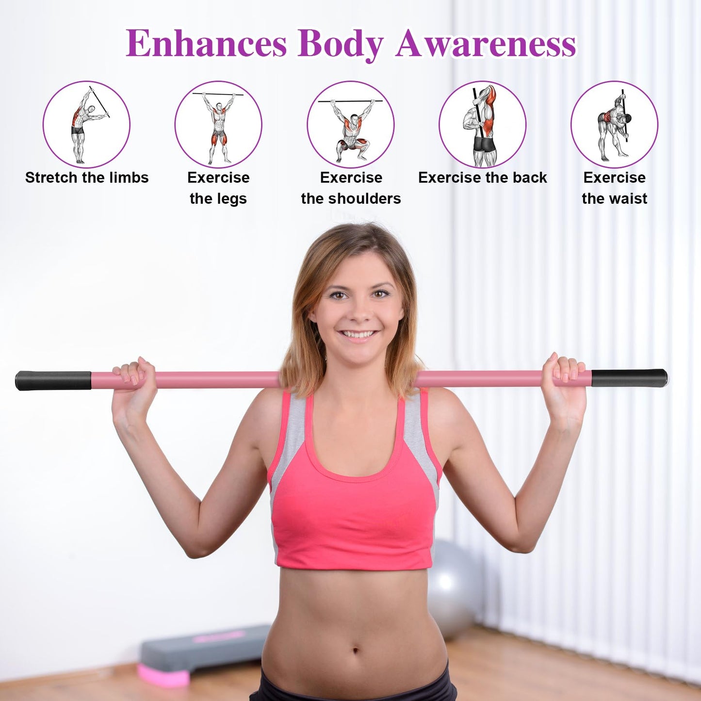 5ft Yoga Stick - Sturdy Steel Adjustable Stretching Stick for Mobility, Flexibility & Balance | Non-Slip Ends & Foam Handles | Exercise Pole for Fitness, Physical Therapy, Posture Correction Pink
