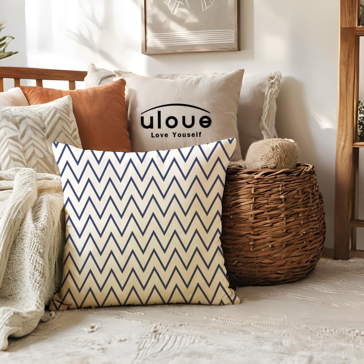 ULOVE LOVE YOURSELF Square Decorative Throw Pillows Cushion Covers Blue Beige Stripes Modern Geometry Print Home Pillowcases 18 X 18 Inch,4 Pack for Sofa Couch