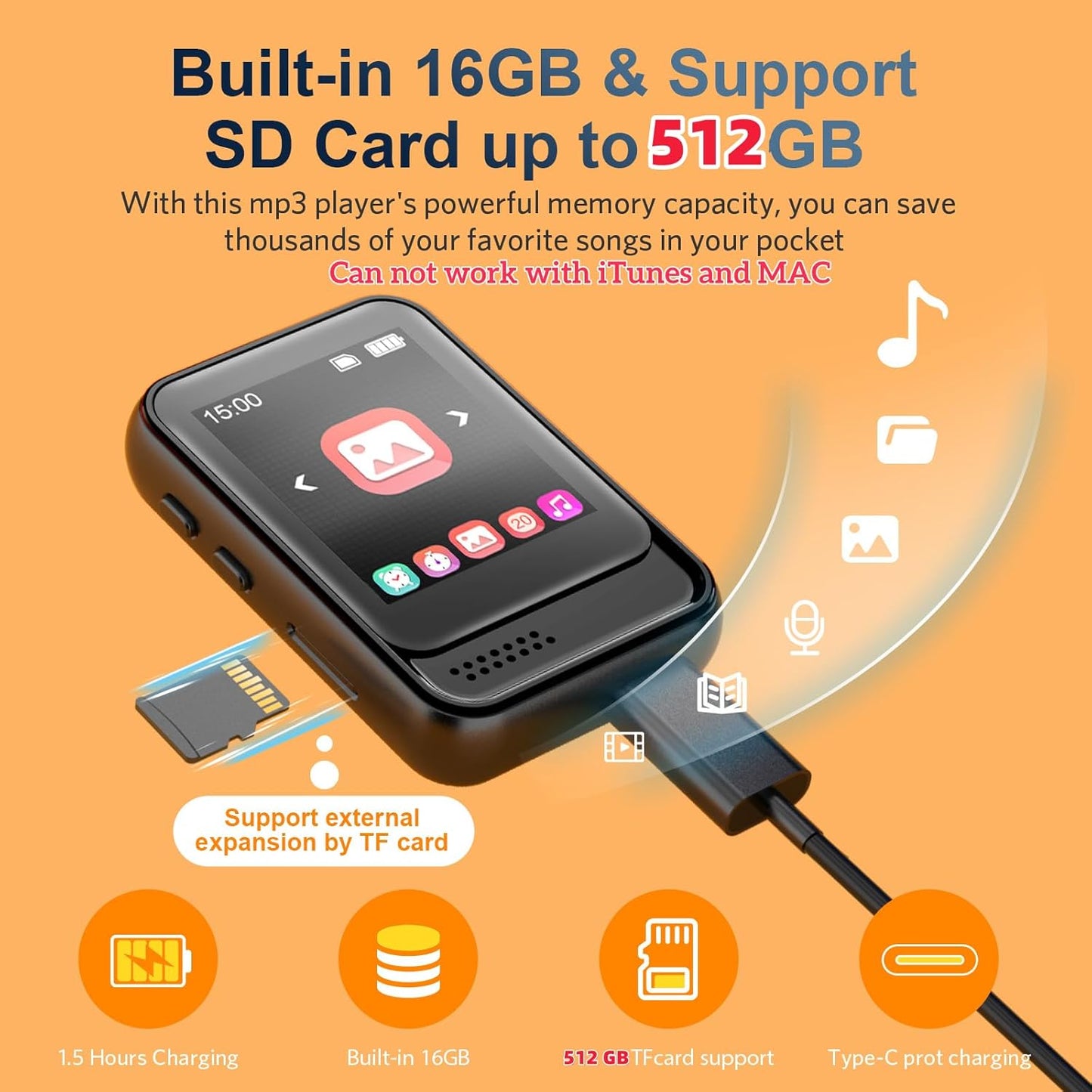Colorcool MP3 5.3,Portable MP3 512GB Player with Bluetooth Music Player with Speaker and Micro SD Card Slot Player