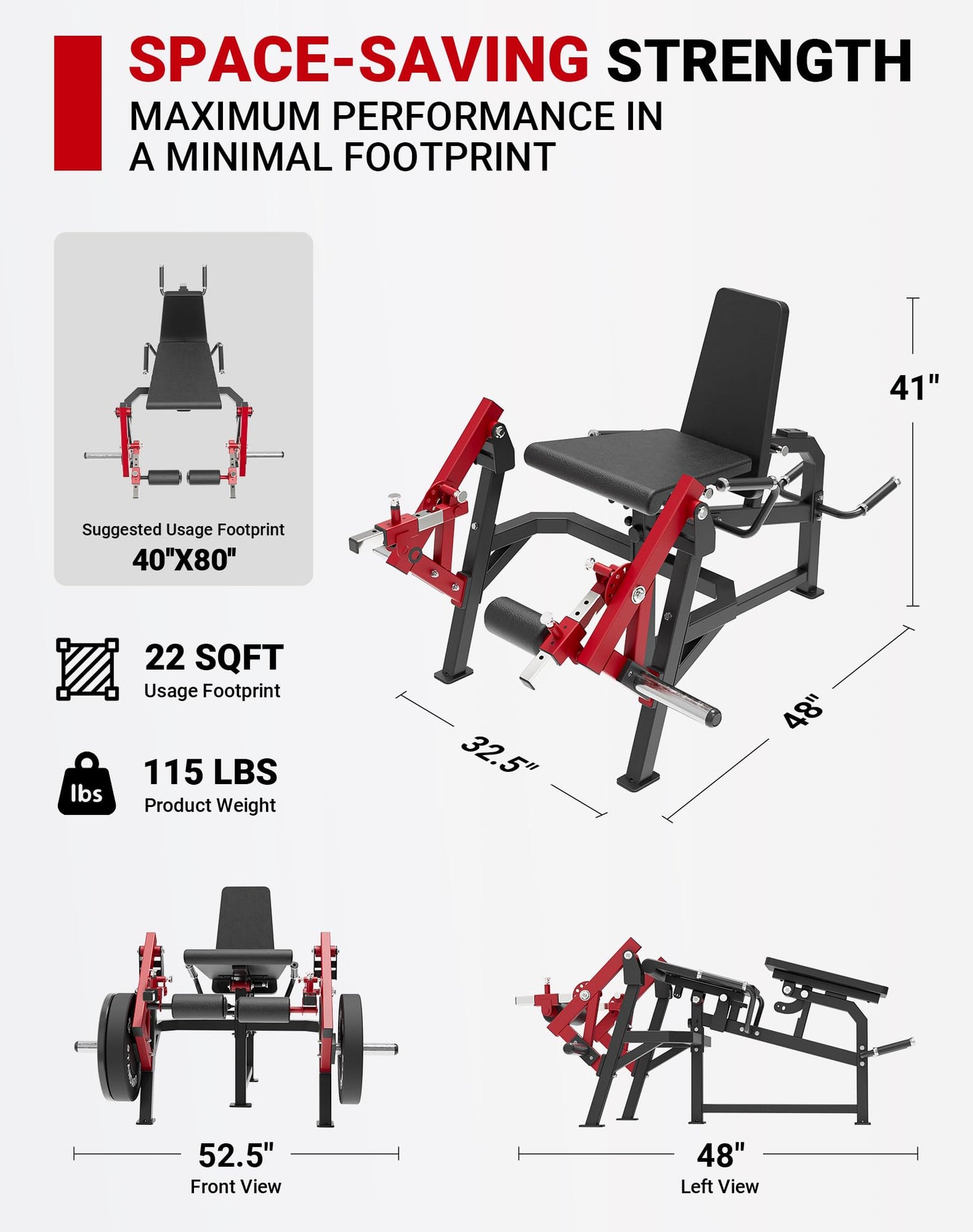 GMWD Leg Extension and Curl Machine, Single Leg Extension, Lying Leg Curl, Standing Leg Curl, Adjustable Leg Exercise Bench with Plate Loaded, Leg Machine Home Gym, Red