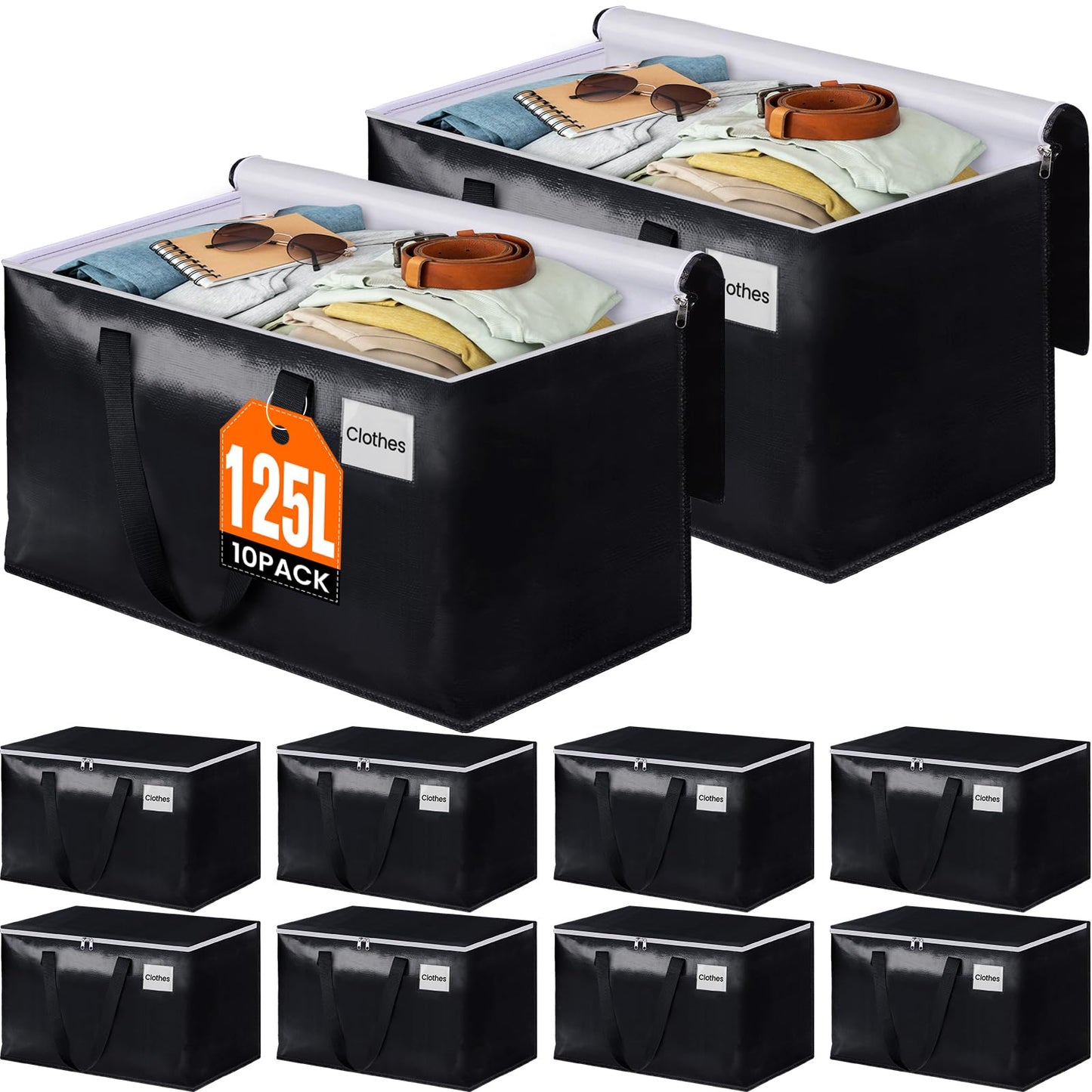 BlissTotes Moving Bags, Heavy Duty Moving Boxes with Zippers Top and Sturdy Handles, Storage Bags for Space Saving and Packing, Collapsible Moving Supplies, Storage Totes (125L, 10-Pack, Black)